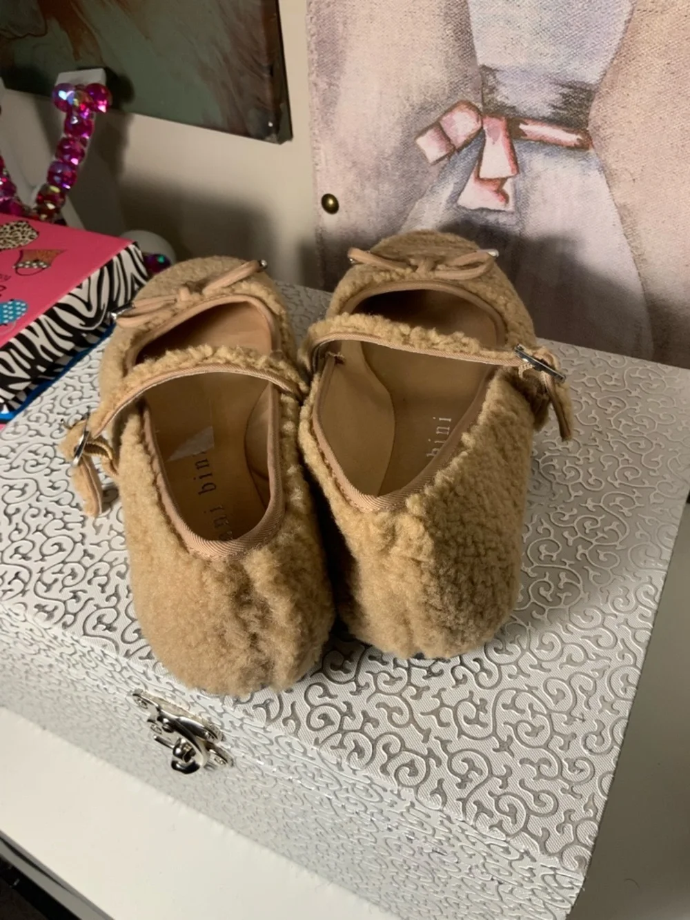 Gianni Bini Josie Tan Faux Shearling Mary Jane Flats New